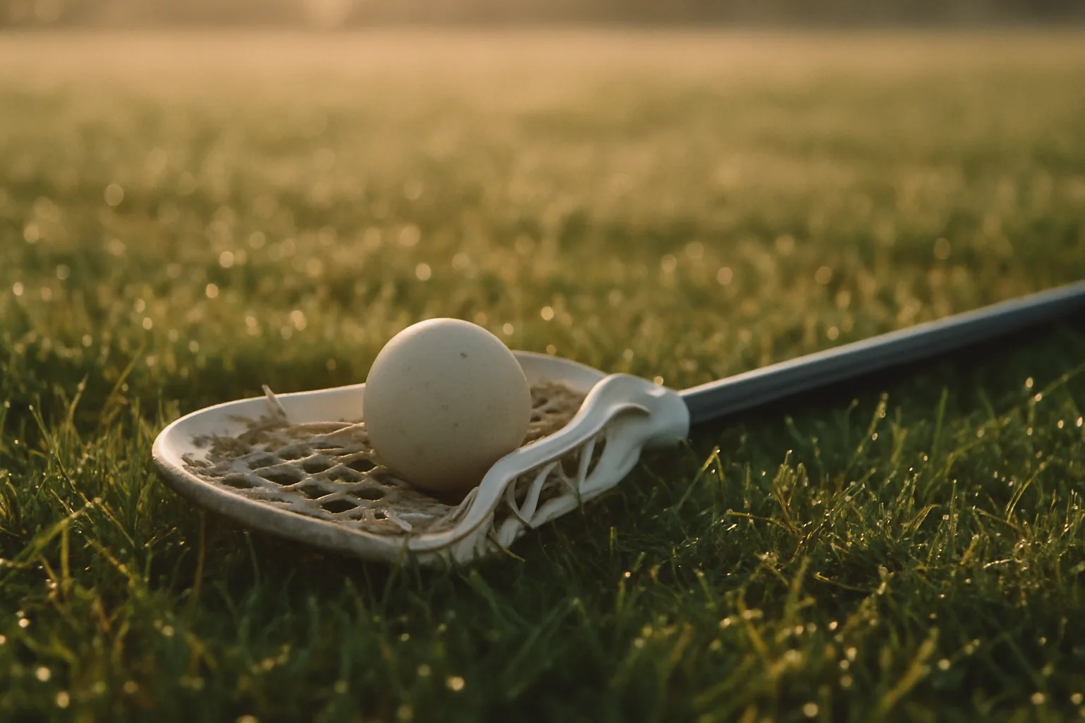 A lacrosse stick lies across grass with a plain ball in the head, dew coating the blades in low morning light.