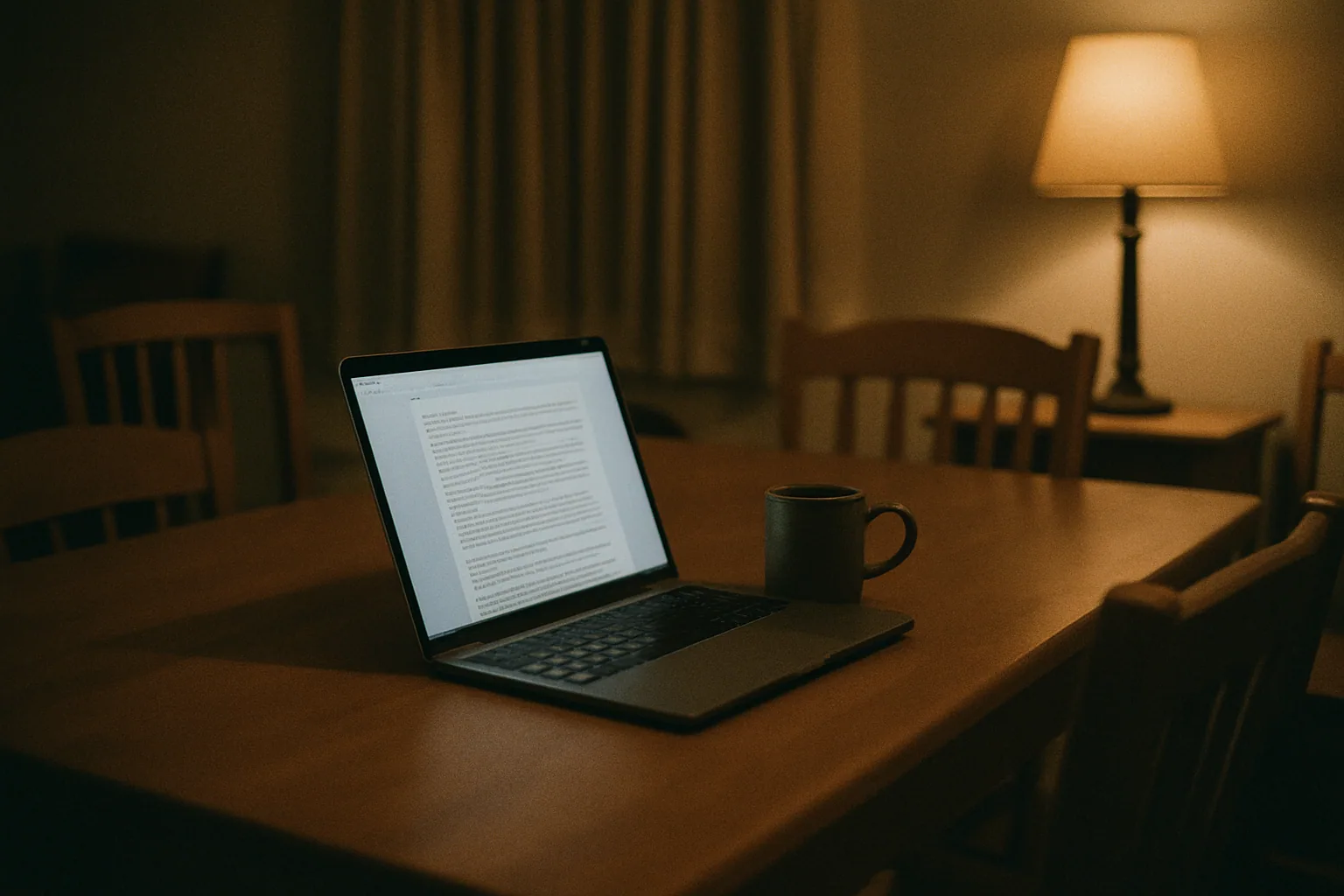 A laptop sits open on a dining table late at night with a long email draft on screen and a cold mug beside it.