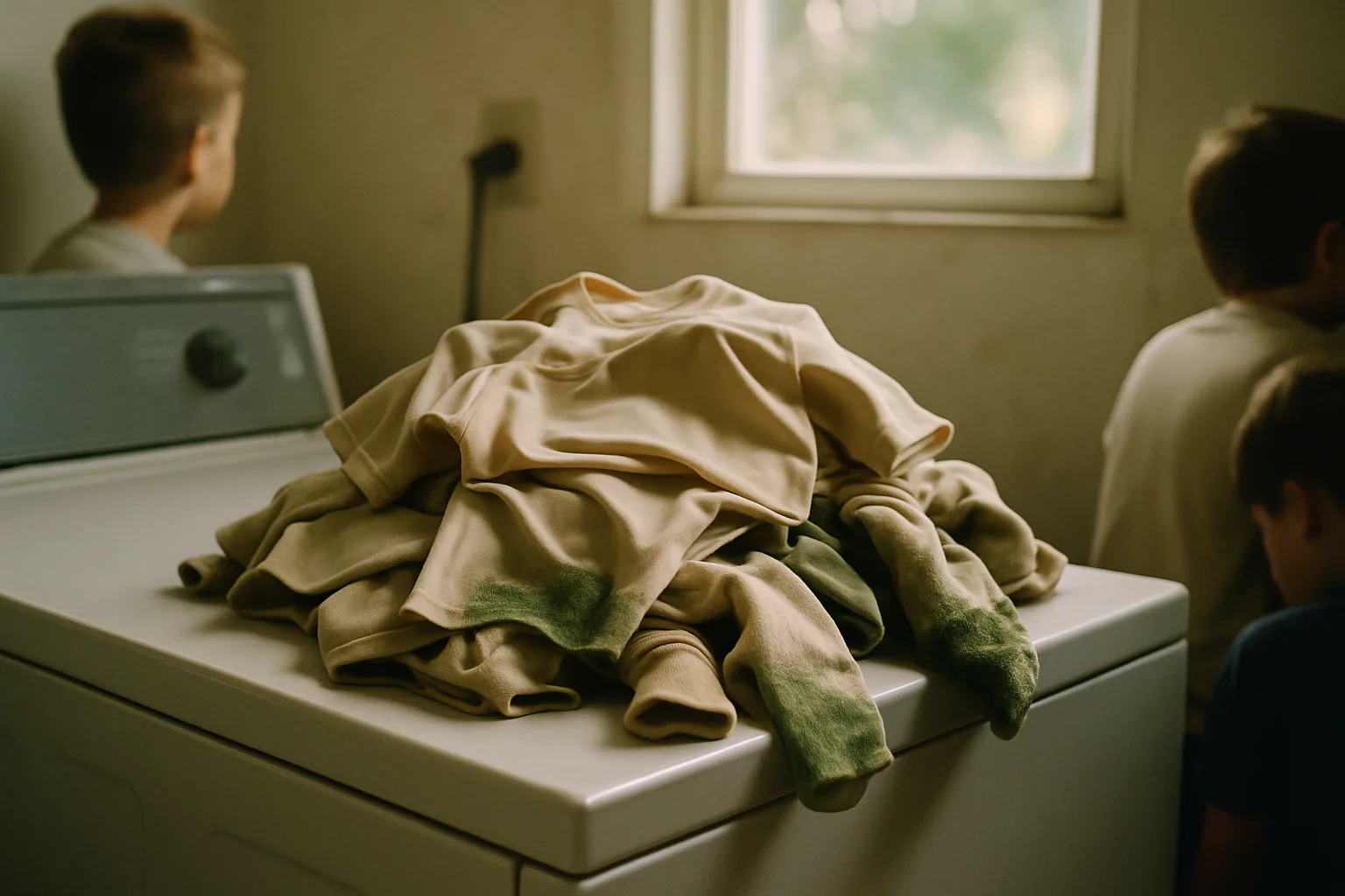 A pile of grass-stained youth jerseys and socks sits on top of a dryer in a utility room, lit by morning light through a small window.
