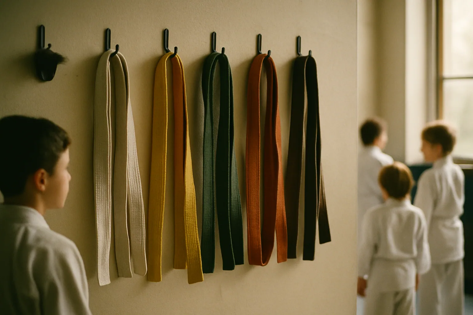 Several worn practice belts hang from wall hooks in a training hall, plain fabric lit by soft window light.