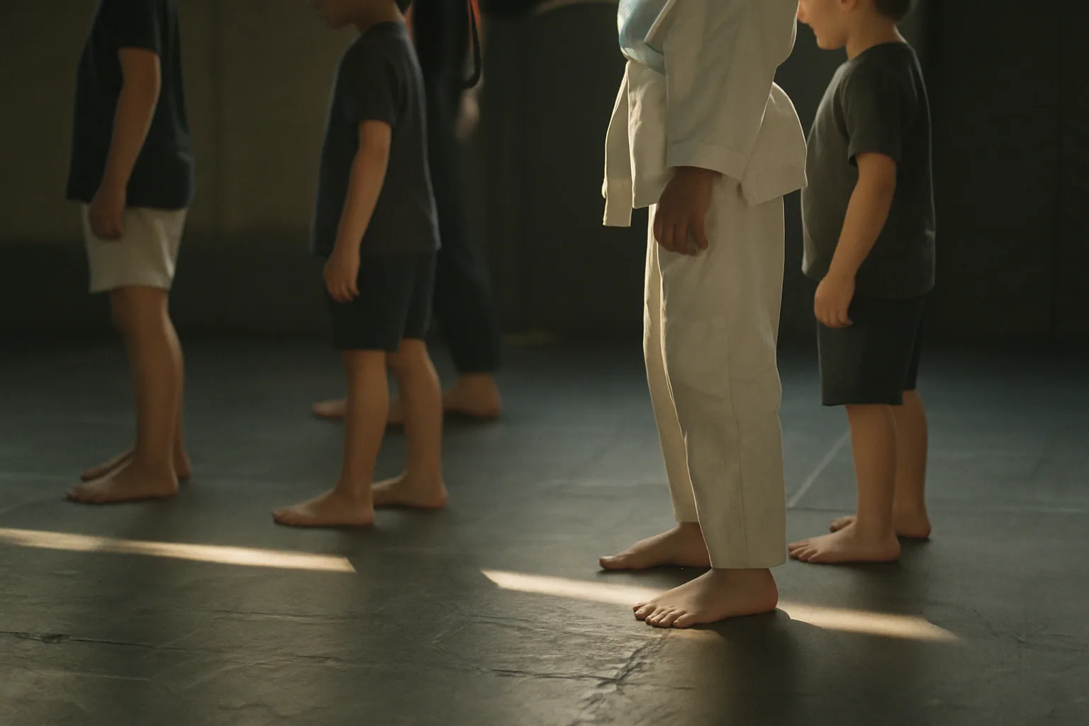 Bare feet stand on a worn training mat, cropped at mid-shin with one line of morning light crossing the floor.