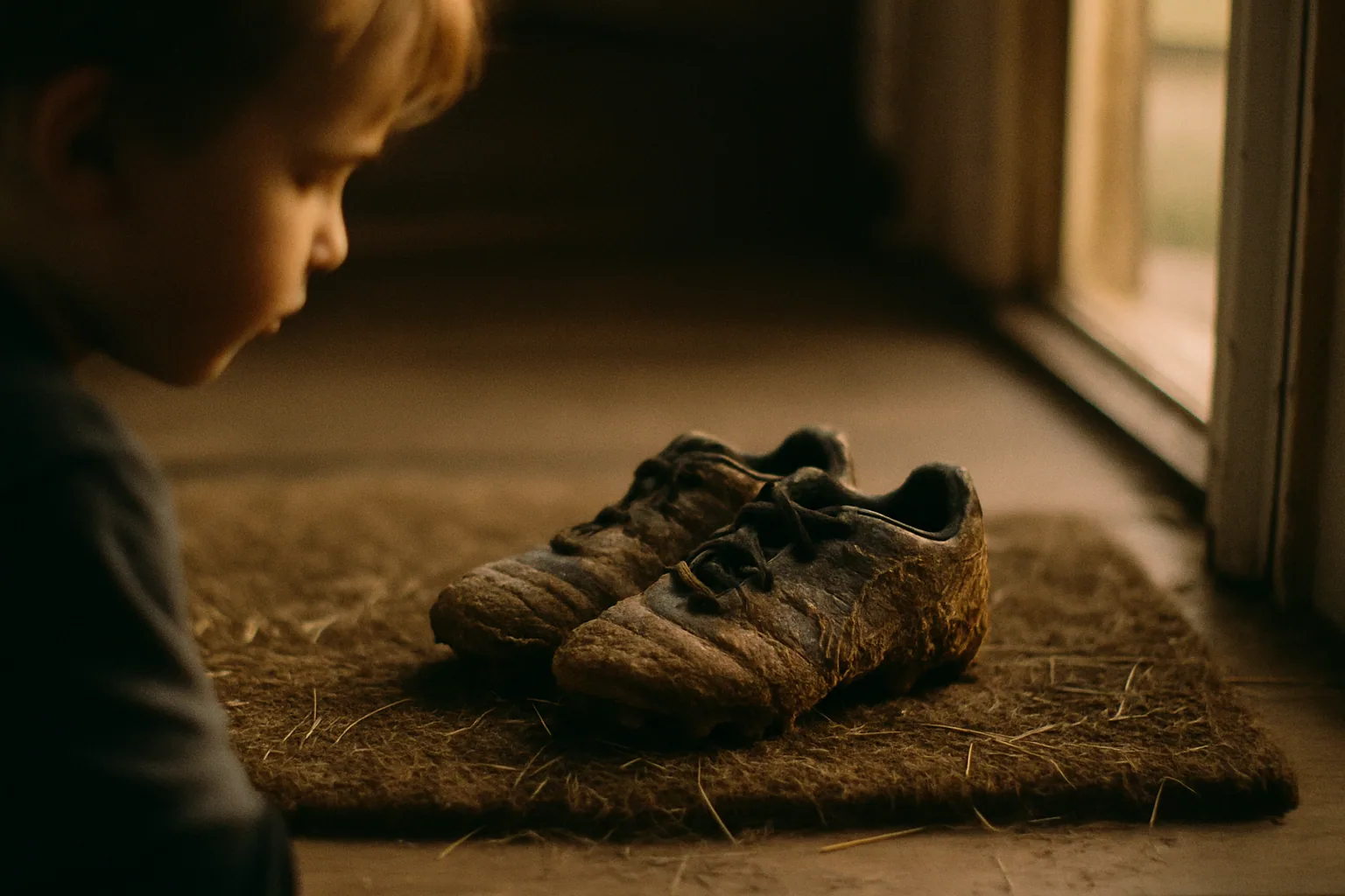 A pair of mud-caked youth cleats sits on a doormat just inside a door, dried grass scattered around them in evening light.