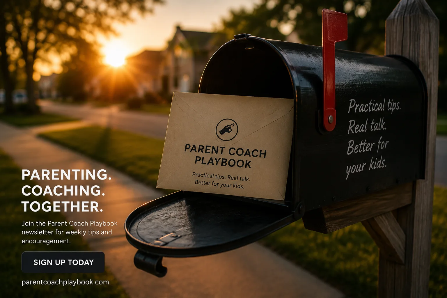 A suburban mailbox at sunset with a Parent Coach Desk envelope sticking out.