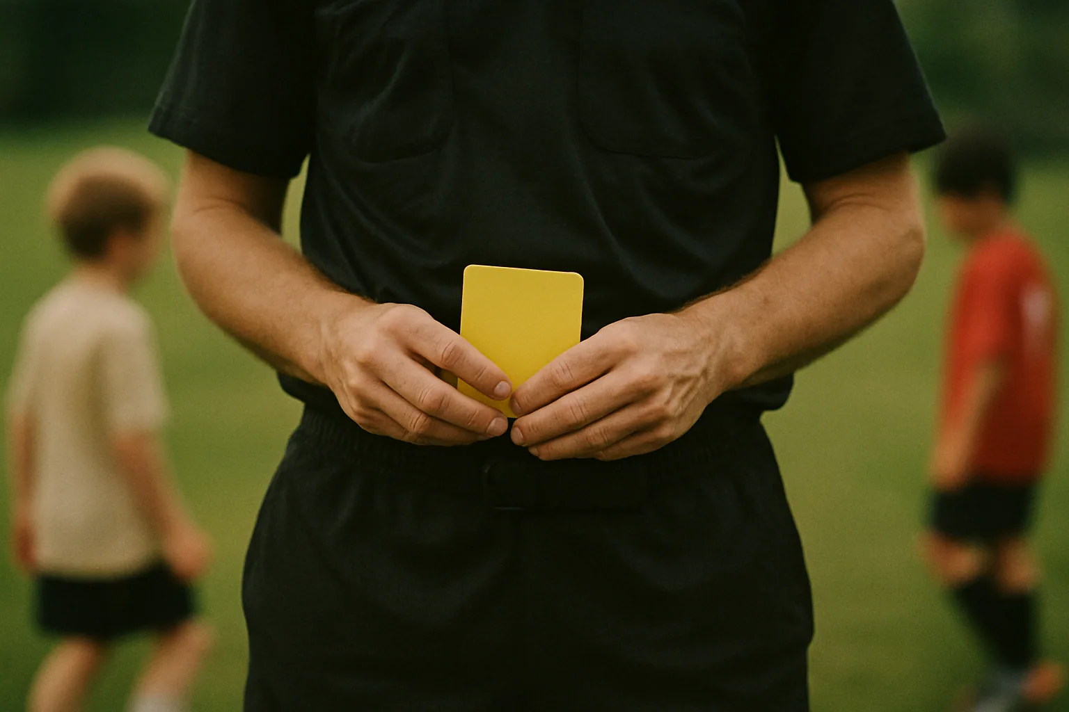 An official's hands rest at the belt holding a plain yellow cloth, cropped at the chest with a blurred green field behind.