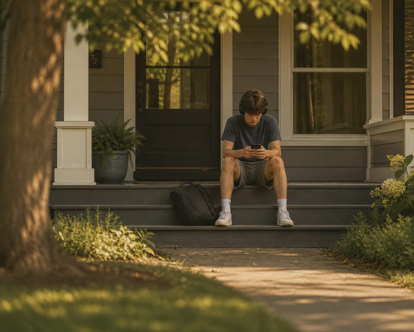 A teenager on front porch in mid-afternoon, headphones in, scrolling on phone. Backpack dropped beside them, framing pulled back with warm light.