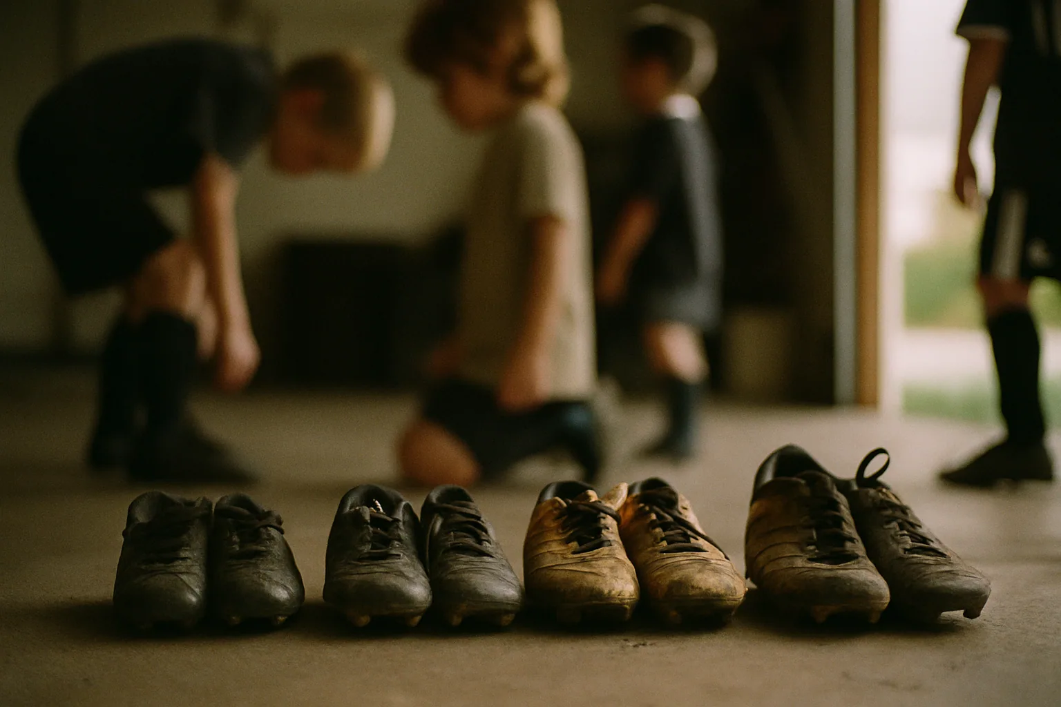 Four pairs of worn youth cleats line up on a garage floor in ascending size, lit by side light from an open door.