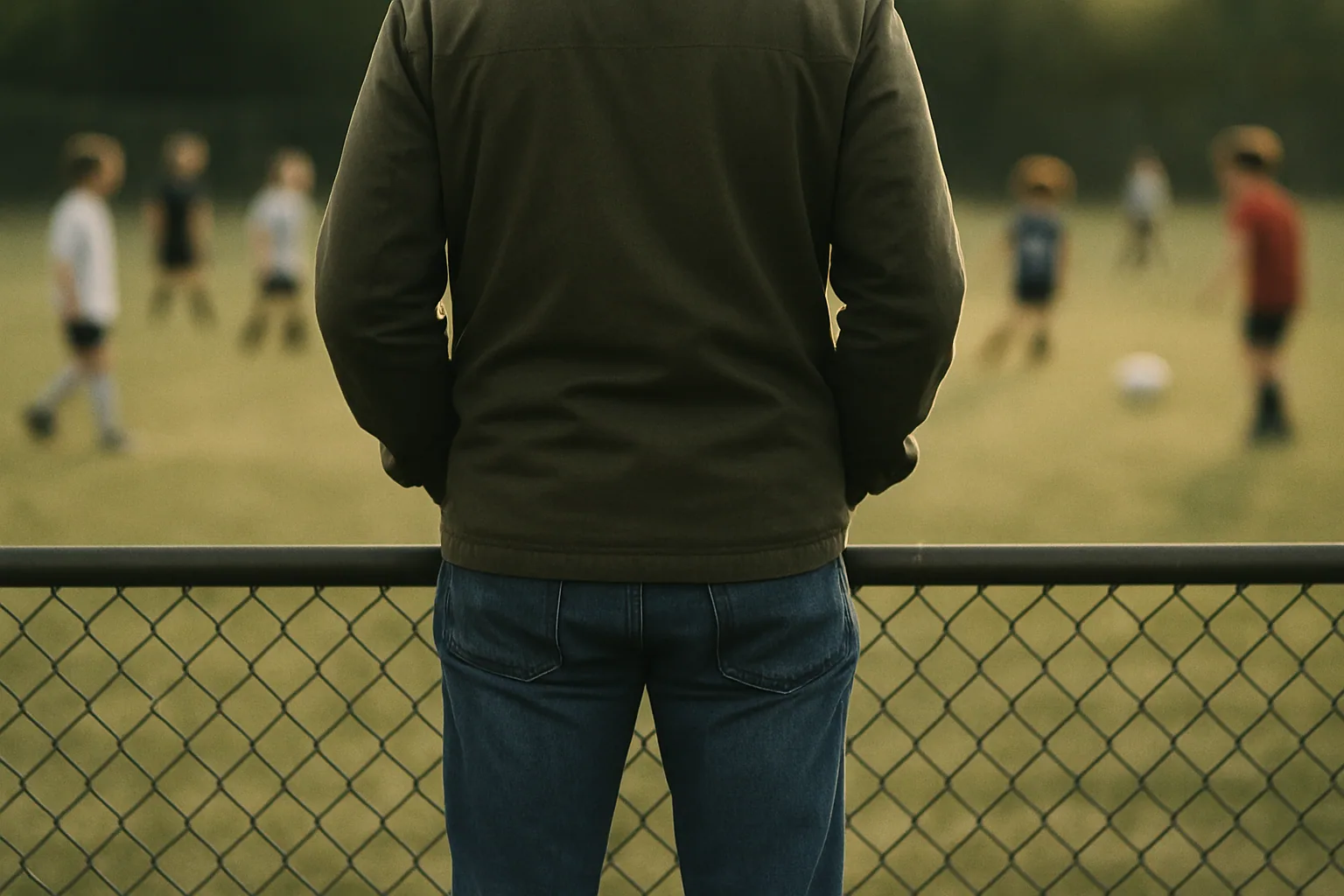 An adult stands at a sideline fence with hands in pockets, cropped from the shoulders down, a bright field out of focus beyond the fence.