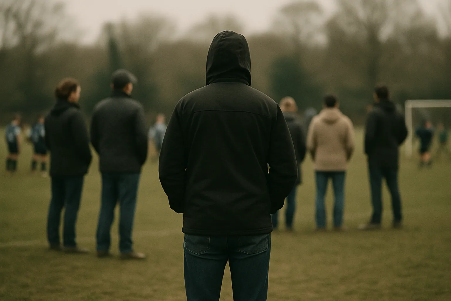 A single adult stands well apart from a loose group of other adults on a sideline, hands in pockets, seen from behind under overcast light.