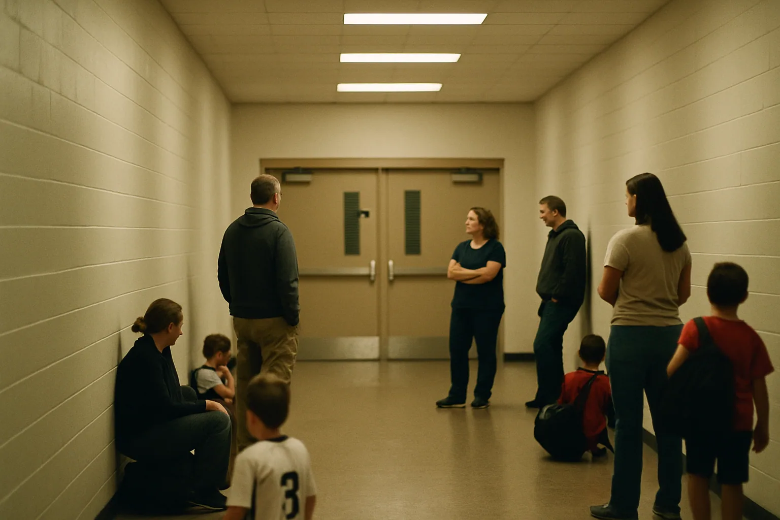 Adults stand and sit in a hallway outside closed gym doors, seen at distance down the corridor under fluorescent light.
