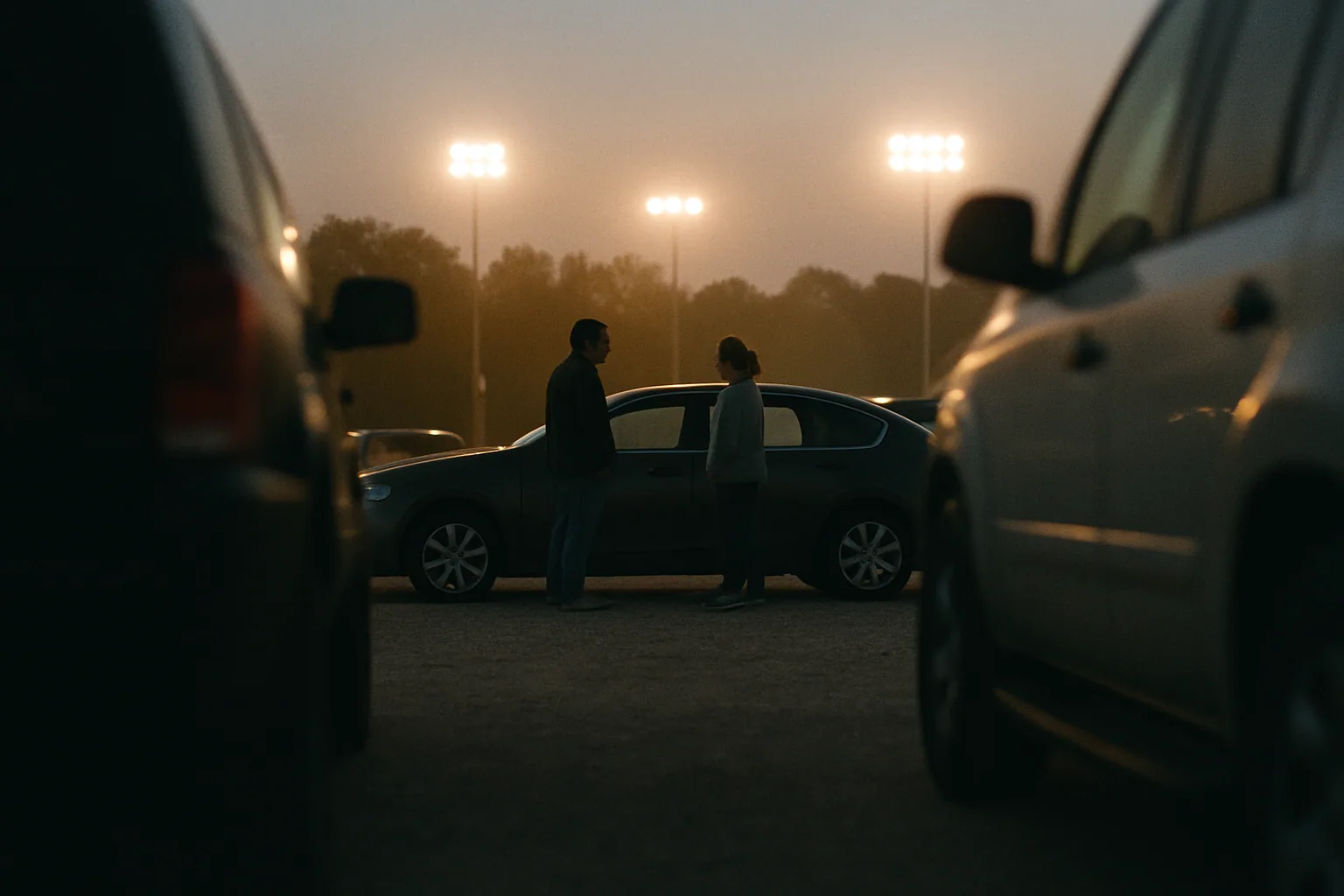 Two adults talk beside a car in a gravel parking lot at dusk, seen at distance through a gap between vehicles.