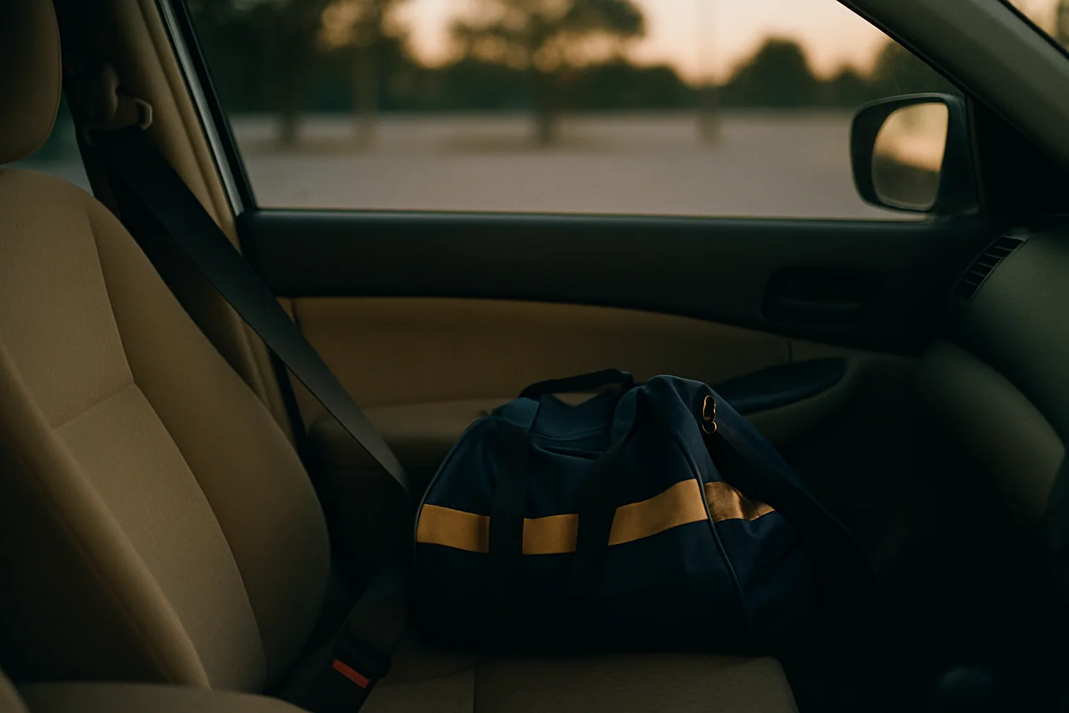 An empty car passenger seat holds a youth sports bag with the seatbelt buckled around nothing, an empty parking lot beyond the windshield at dusk.