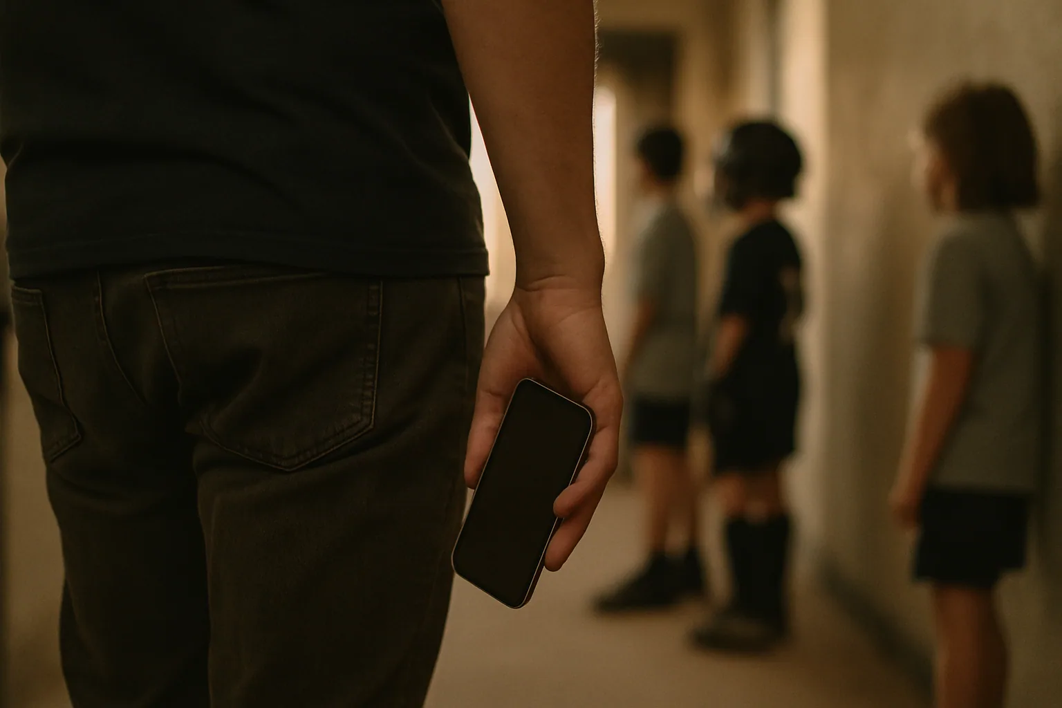 A phone hangs loosely at an adult's side with a dark screen, seen from behind at hip height in a dim hallway.