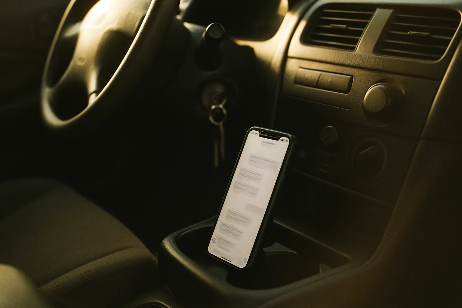A phone rests face-up in a car cupholder showing an open message thread, keys in the ignition and morning light on the dash.