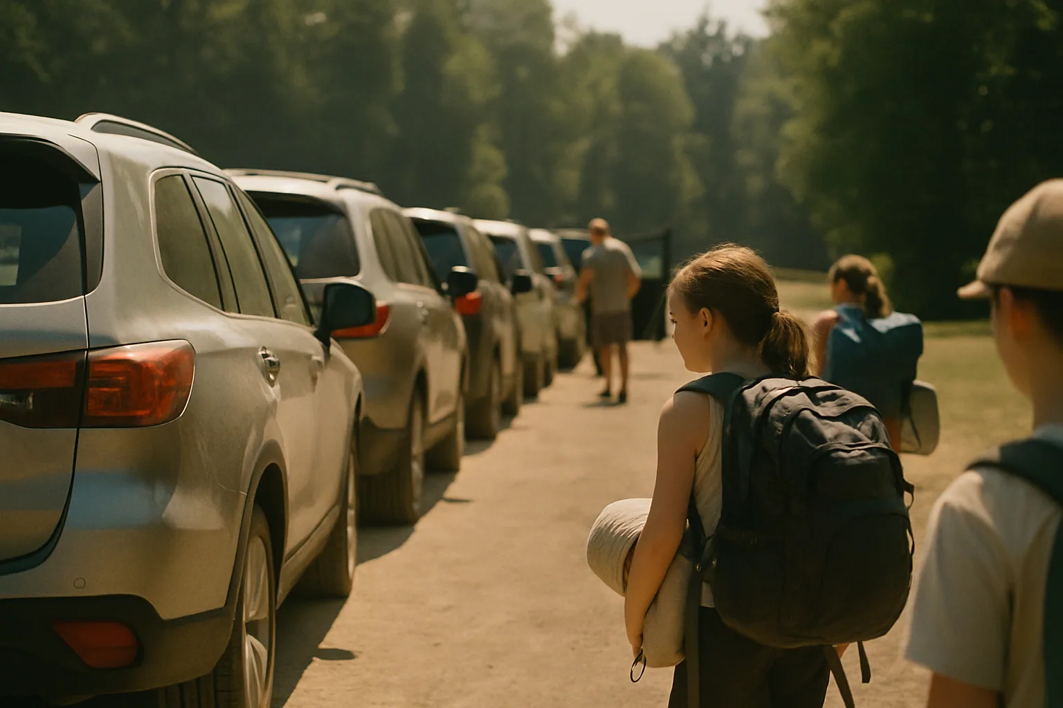 Cars wait in a line at a camp pickup area, seen from behind the row with a few adults standing by open doors at distance in hot midday light.