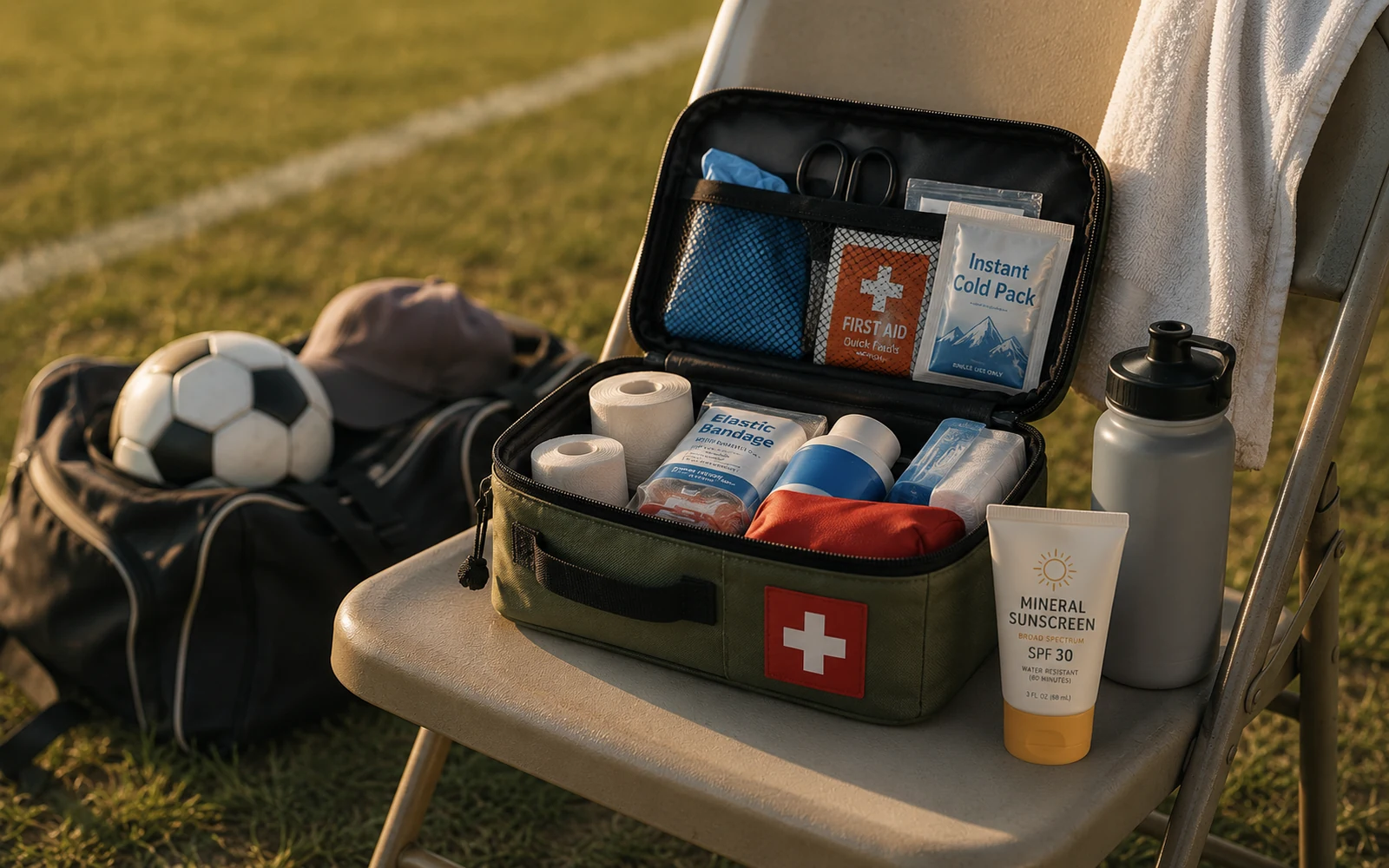 A sideline first-aid kit half-open on a folding chair: bandages, instant cold pack, sunscreen, water bottle. A youth soccer ball and bag in the grass beside it.