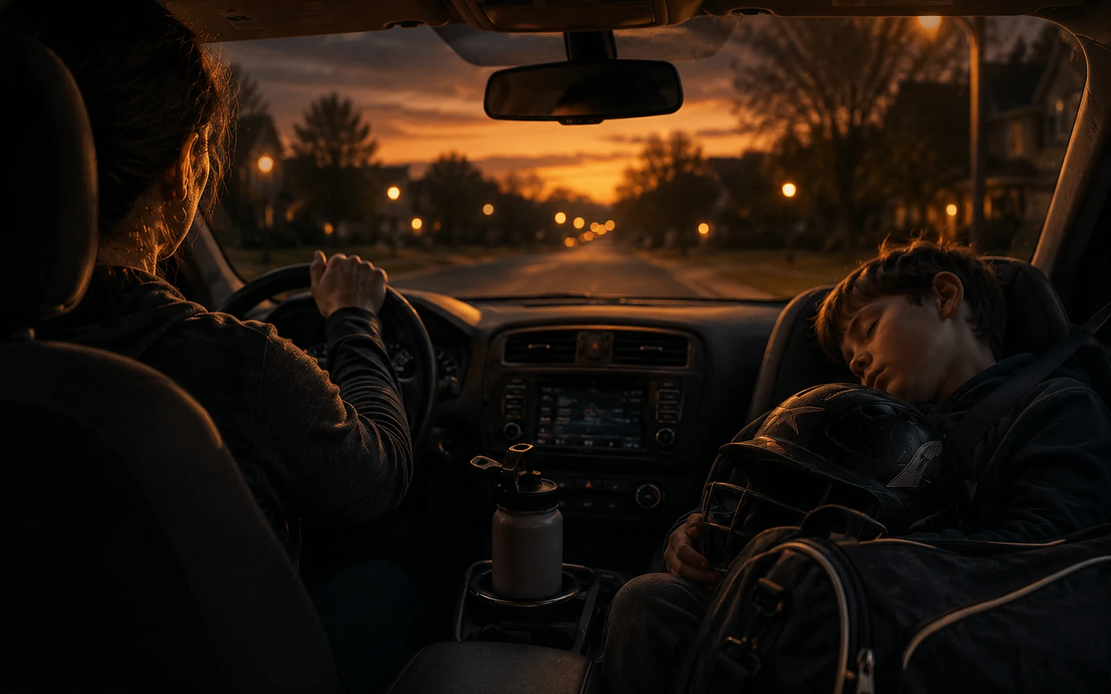 Same car interior at dusk — kid asleep in back seat with a helmet in their lap, warm streetlight glow, parent visible only as a shoulder.