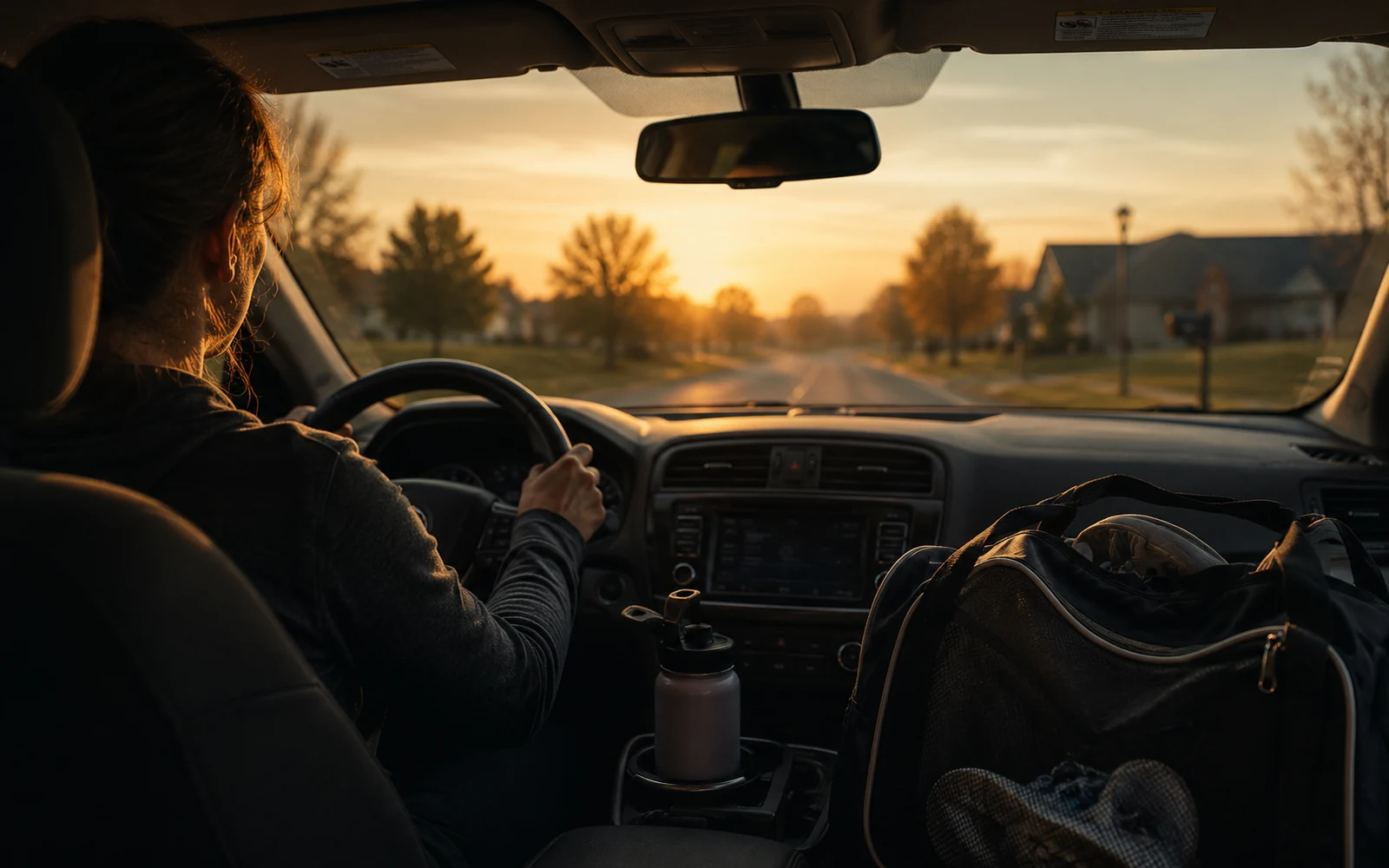 Interior of a car at dawn — a parent's hands on the wheel, sport bag and water bottle visible, sunrise through the windshield.