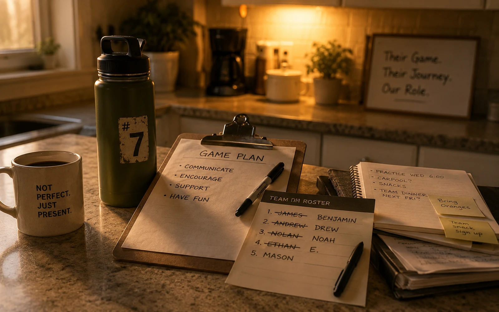 A clipboard with a roster card, a coffee mug labeled 'Not perfect, just present', a kid-sized water bottle, and a notebook on a kitchen counter at night. The framed sign in the background reads 'Their Game. Their Journey. Our Role.'