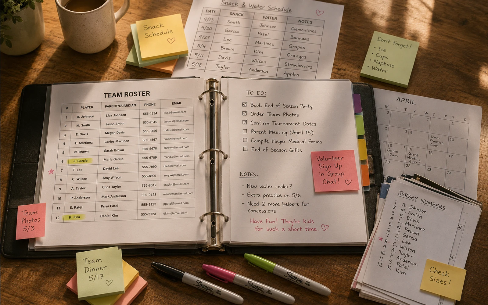 A team-parent binder open on a wooden table, surrounded by snack-rotation post-its, a jersey-numbers list, three sharpies, an April calendar, and a mug. Editorial flat-lay.