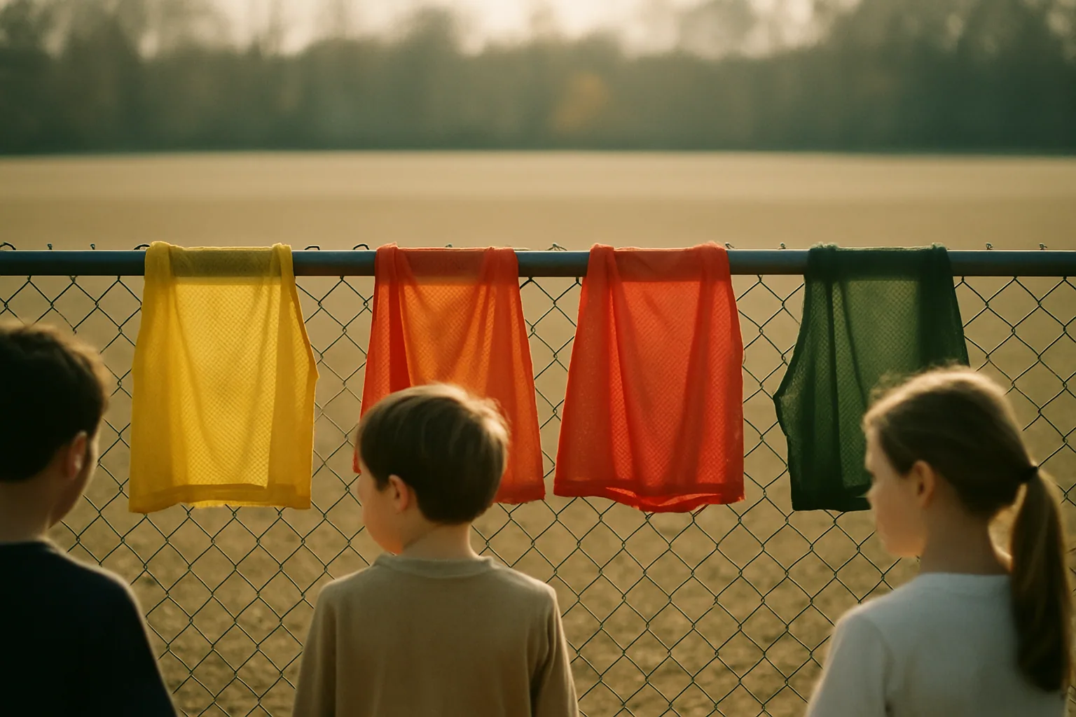 Plain colored practice pinnies drape over a chain-link fence in a row, an empty field stretching behind them in morning light.