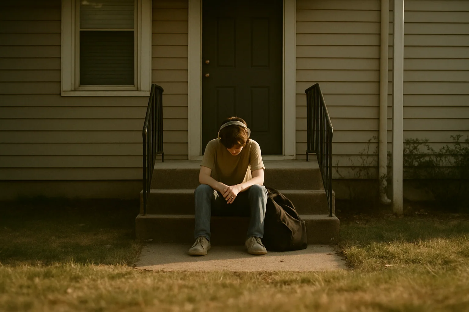 A teenager sits on front porch steps in mid-afternoon light wearing headphones, head down, a backpack dropped beside them.