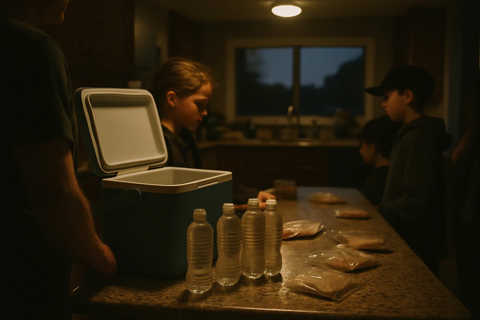A kitchen counter before sunrise holds an open cooler, filled water bottles, and sandwich bags under one overhead light.