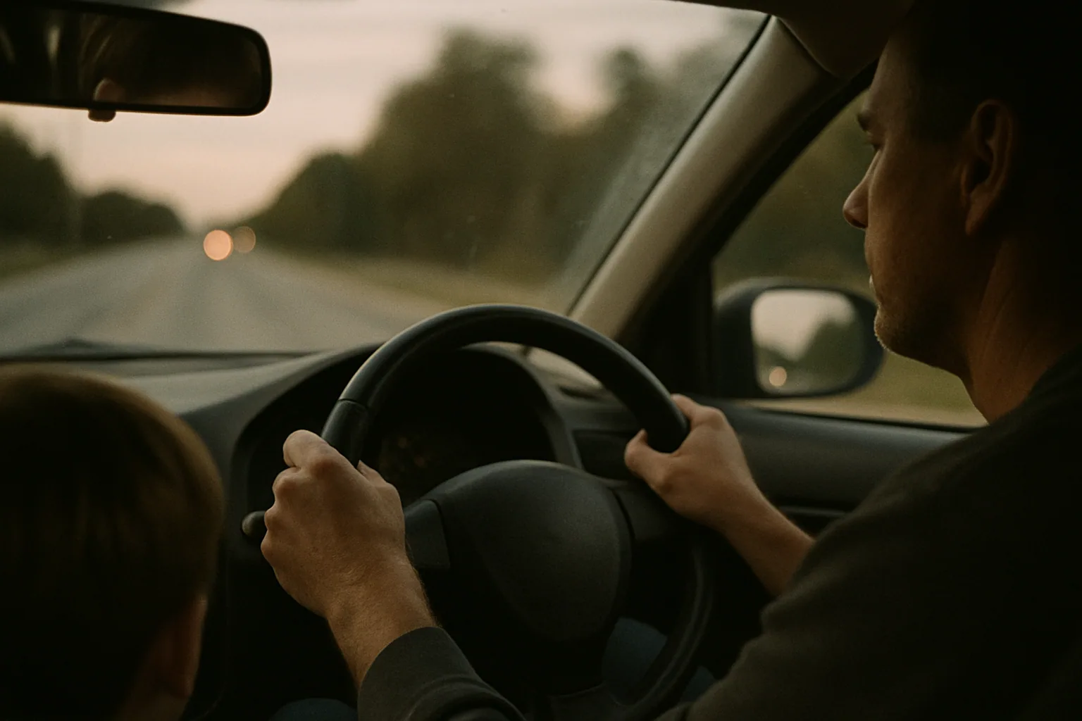 An adult's hands rest on a steering wheel at dusk, the rearview mirror showing only the top of a child's head as the road blurs ahead.