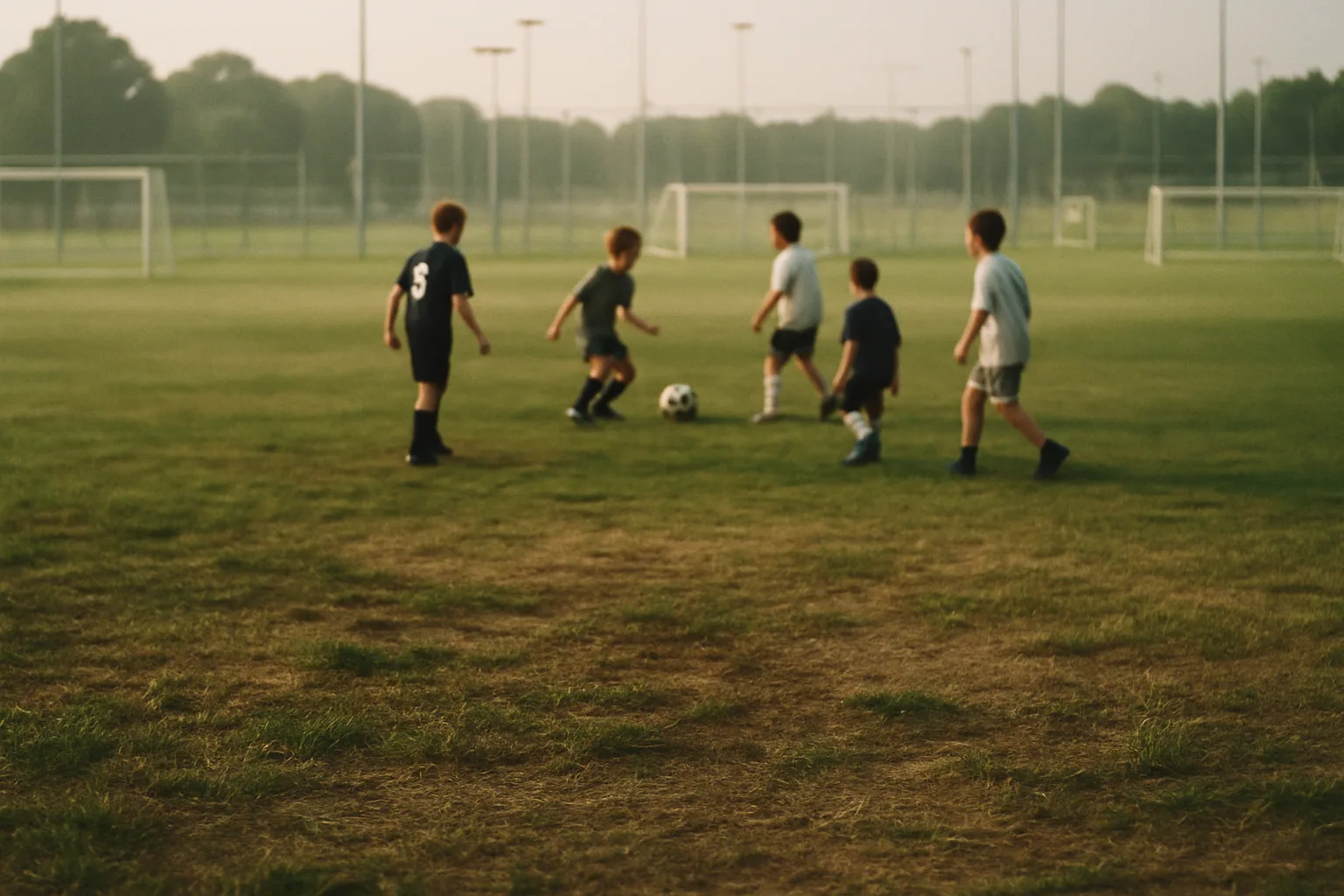 A worn neighborhood grass field sits in the foreground with a manicured multi-field complex visible beyond it in morning light.