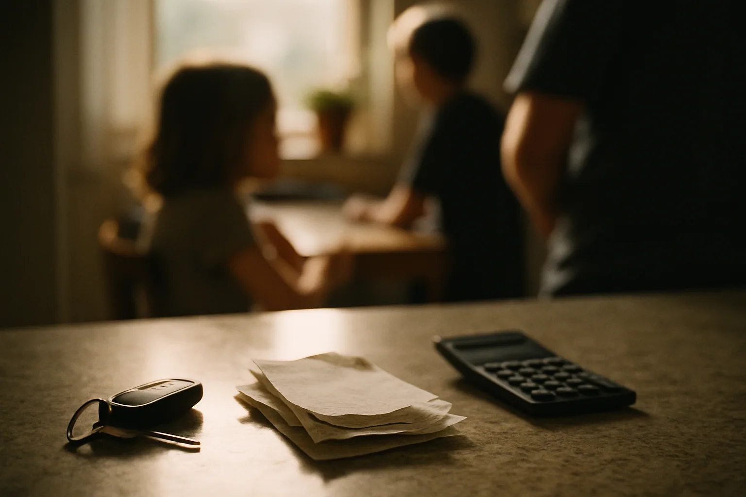 Youth sports receipts, a calendar, and a family budget arranged on a kitchen counter.