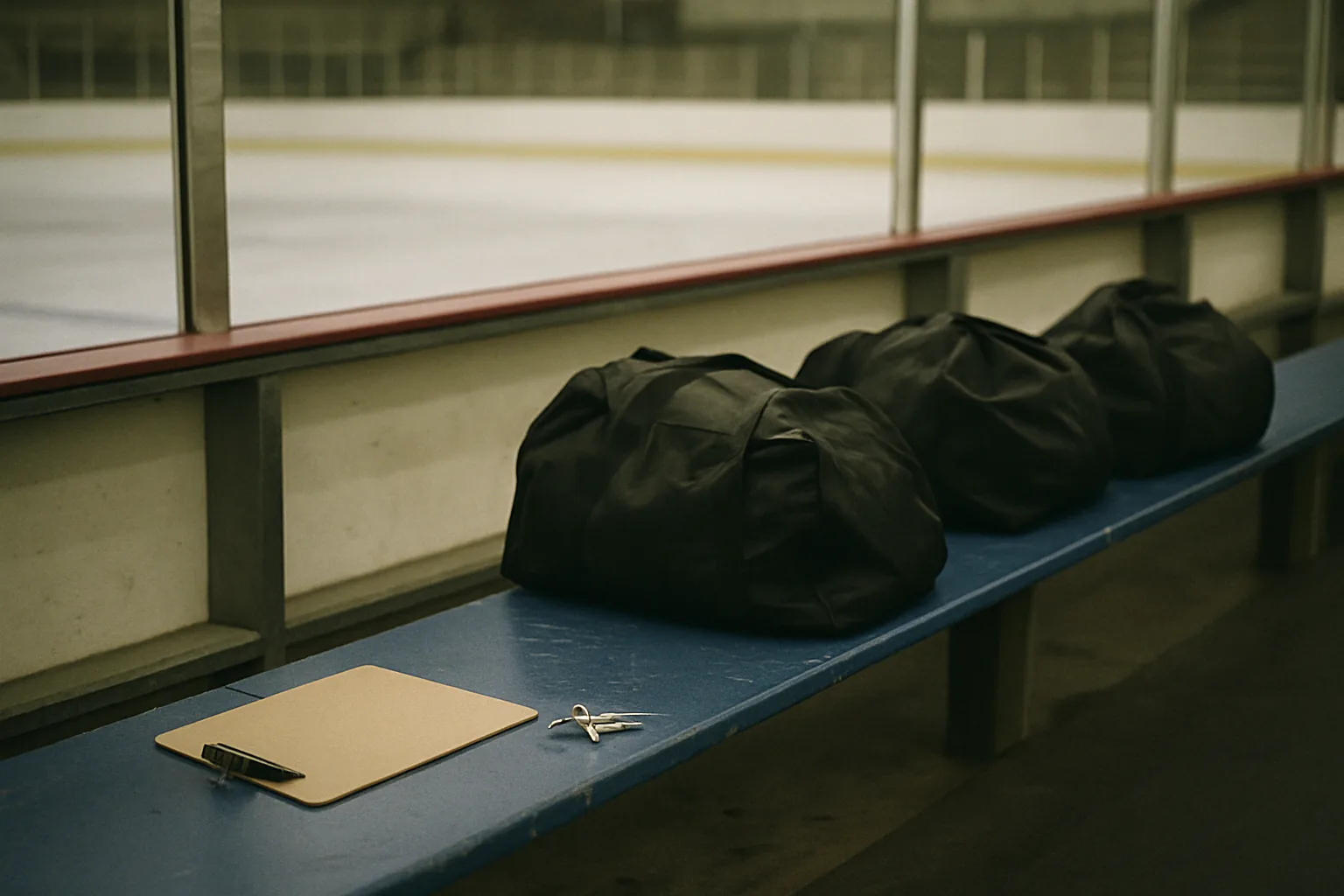 An empty hockey rink bench with a clipboard, a set of keys, and unopened gear bags before practice.