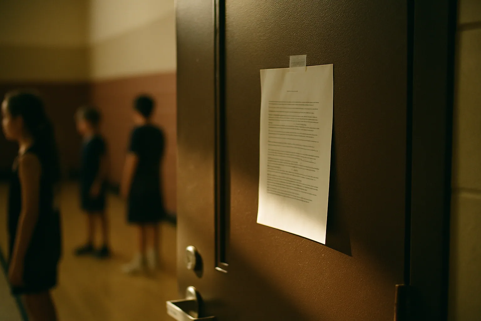 A single sheet of paper tapes to a gym door, hallway light angled across it and the text too soft to read.