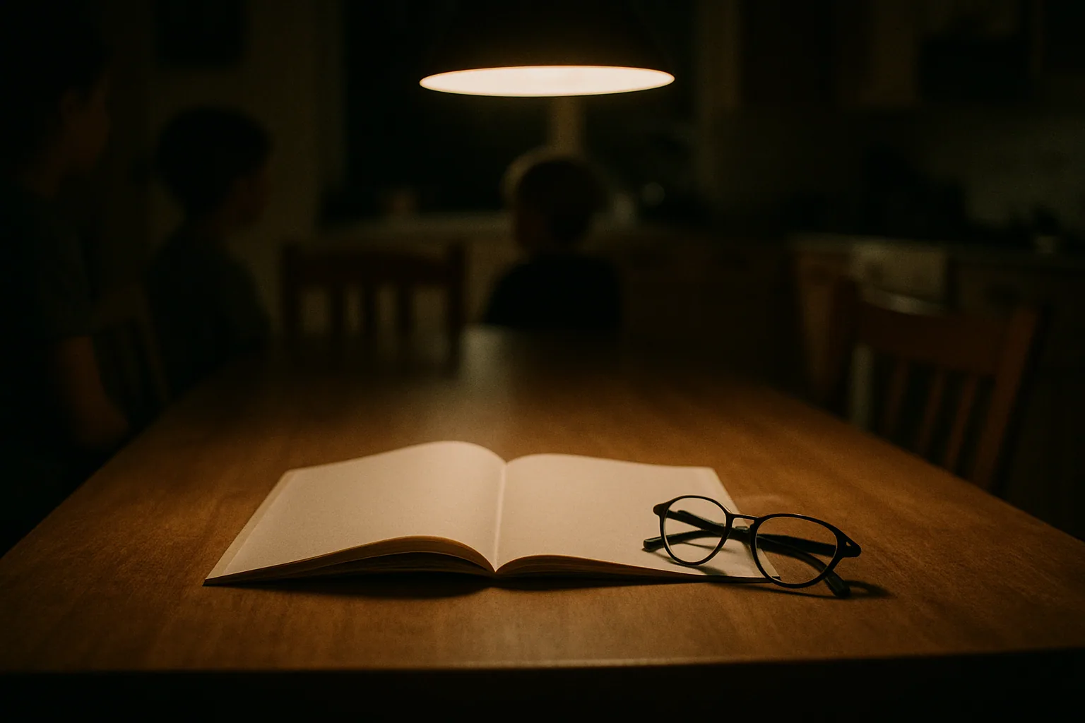 A plain booklet and a pair of reading glasses sit on a kitchen table under a hanging lamp at night.