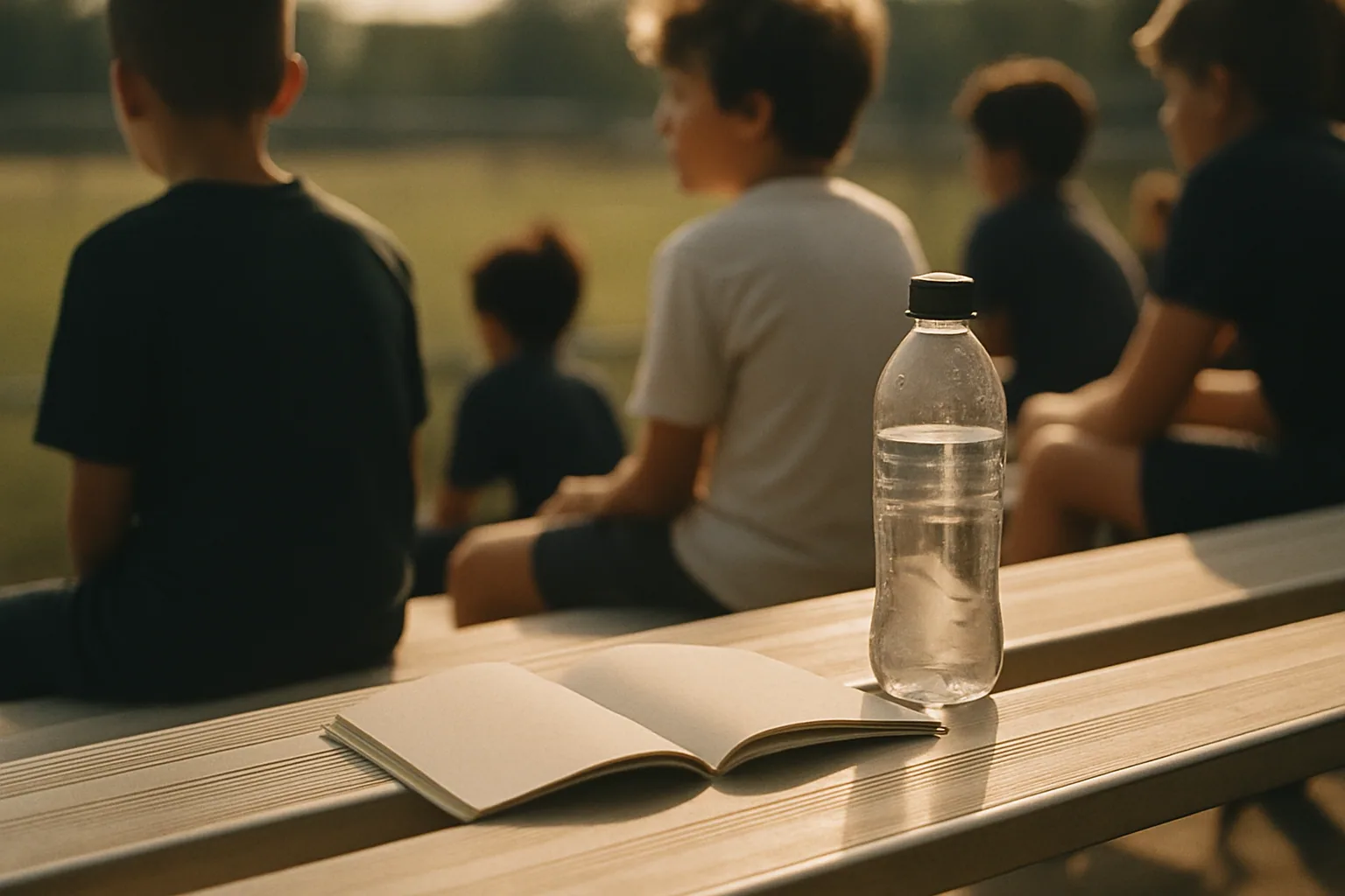 A thin plain booklet rests open face-down on an aluminum bleacher seat beside a water bottle in bright side light.