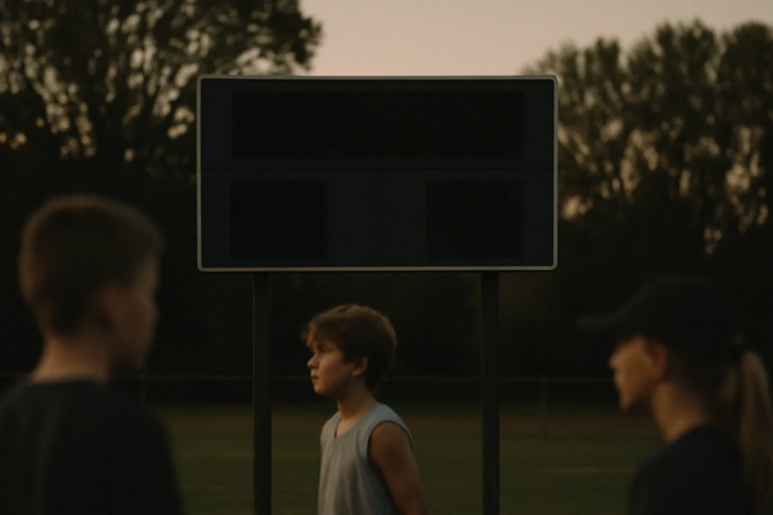 A simple scoreboard with a blank unlit display stands at the end of a field at dusk, silhouetted trees behind it.