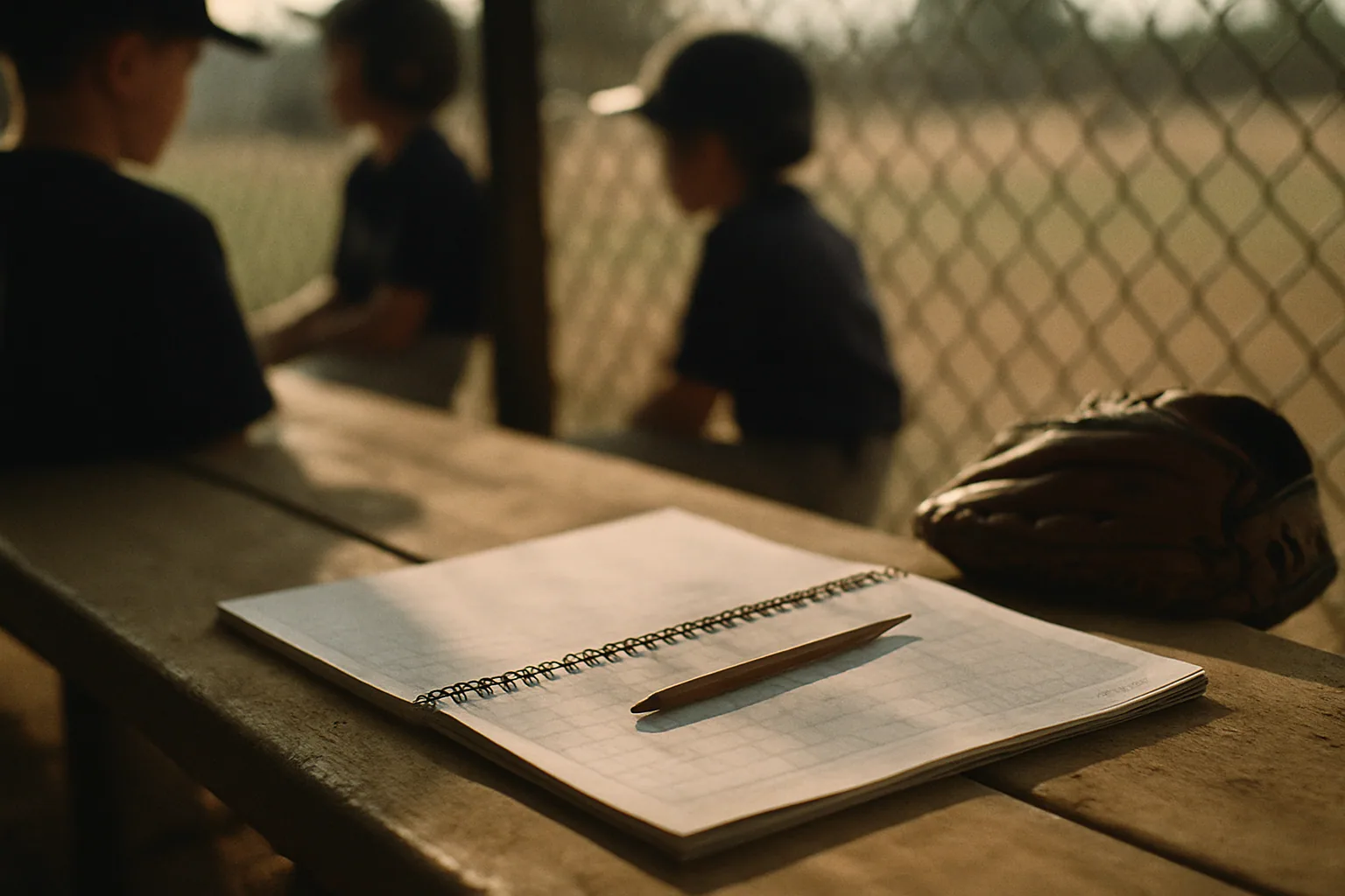 A spiral scorebook lies open on a dugout bench with a pencil in the gutter and a glove beside it, marks too soft to read.