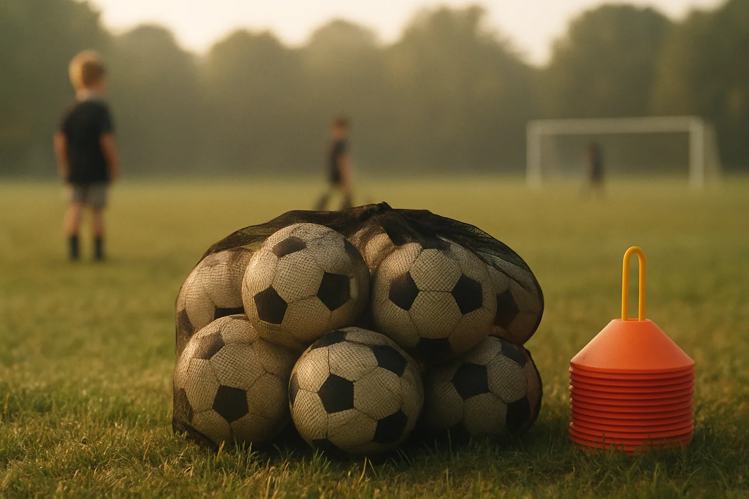 A communal mesh bag of plain unbranded balls sits on grass at a practice field's edge with cones stacked beside it in morning light.