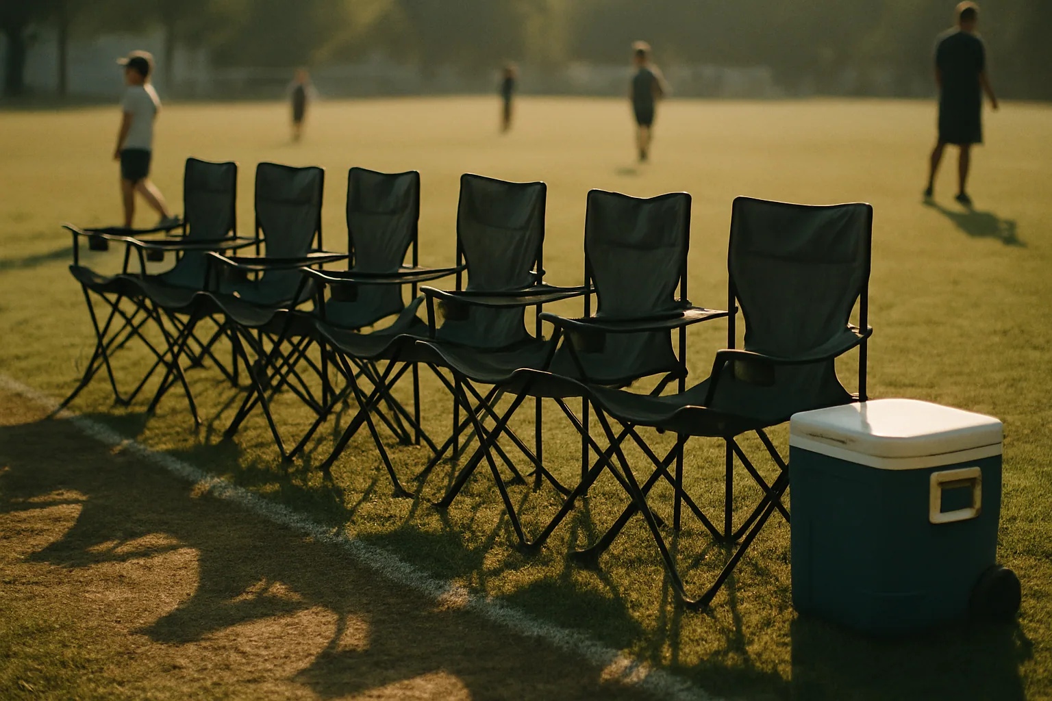 A row of empty folding camp chairs sits set up along a sideline before anyone arrives, a cooler at the end and long morning shadows.