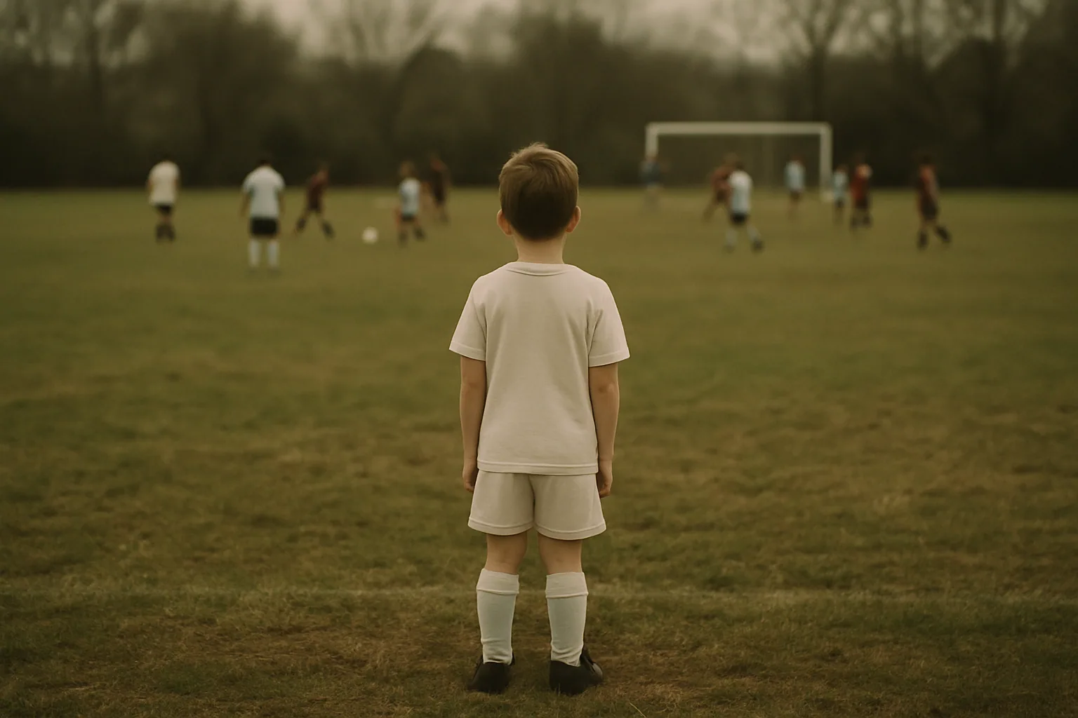 A small figure in plain kit stands apart at the edge of a field watching play happen far away, seen from behind under flat overcast light.