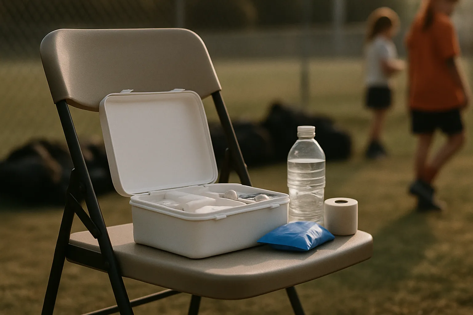 An open first aid kit, a water bottle, athletic tape, and an ice pack sit on a folding sideline chair, two kids blurred in the background beyond a chain-link fence.