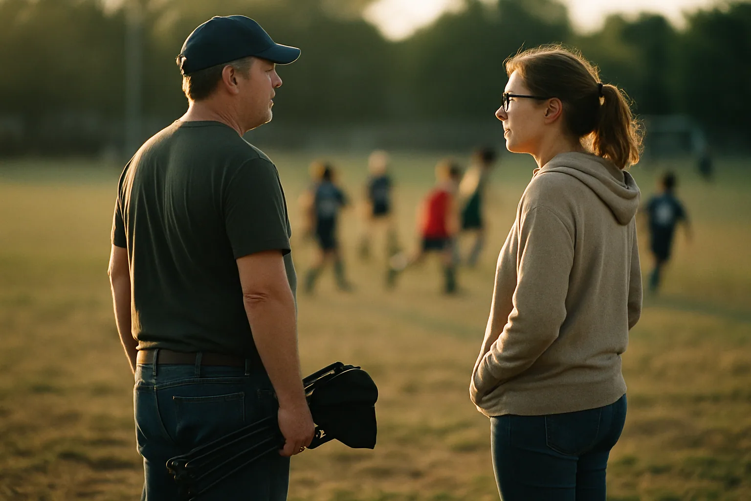 Two parents stand a few feet apart on a youth practice field sideline in late afternoon, both turned toward the field mid-conversation.
