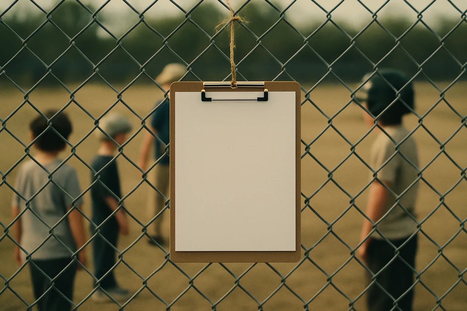 A clipboard hangs from a chain-link fence by a length of string, its pages blank, an empty field behind it in bright flat light.