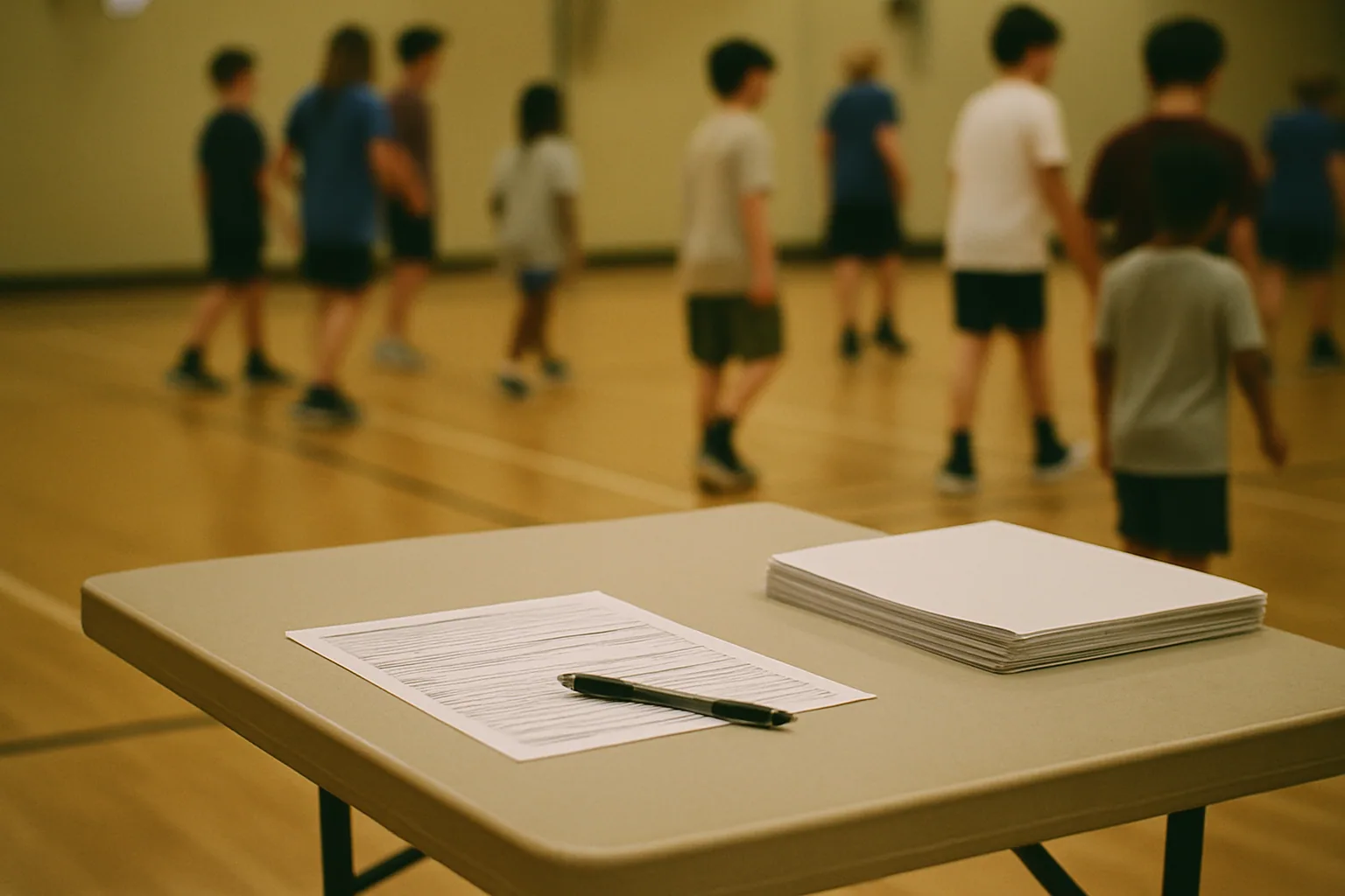 Registration paperwork and a pen sit on a folding table at a rec center under fluorescent light, a stack of blank forms beside them.