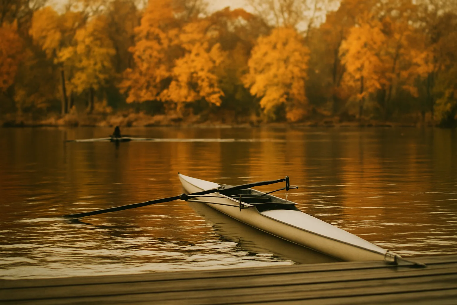 A single rowing shell on a calm river in autumn light, viewed from the shore with trees along the bank.