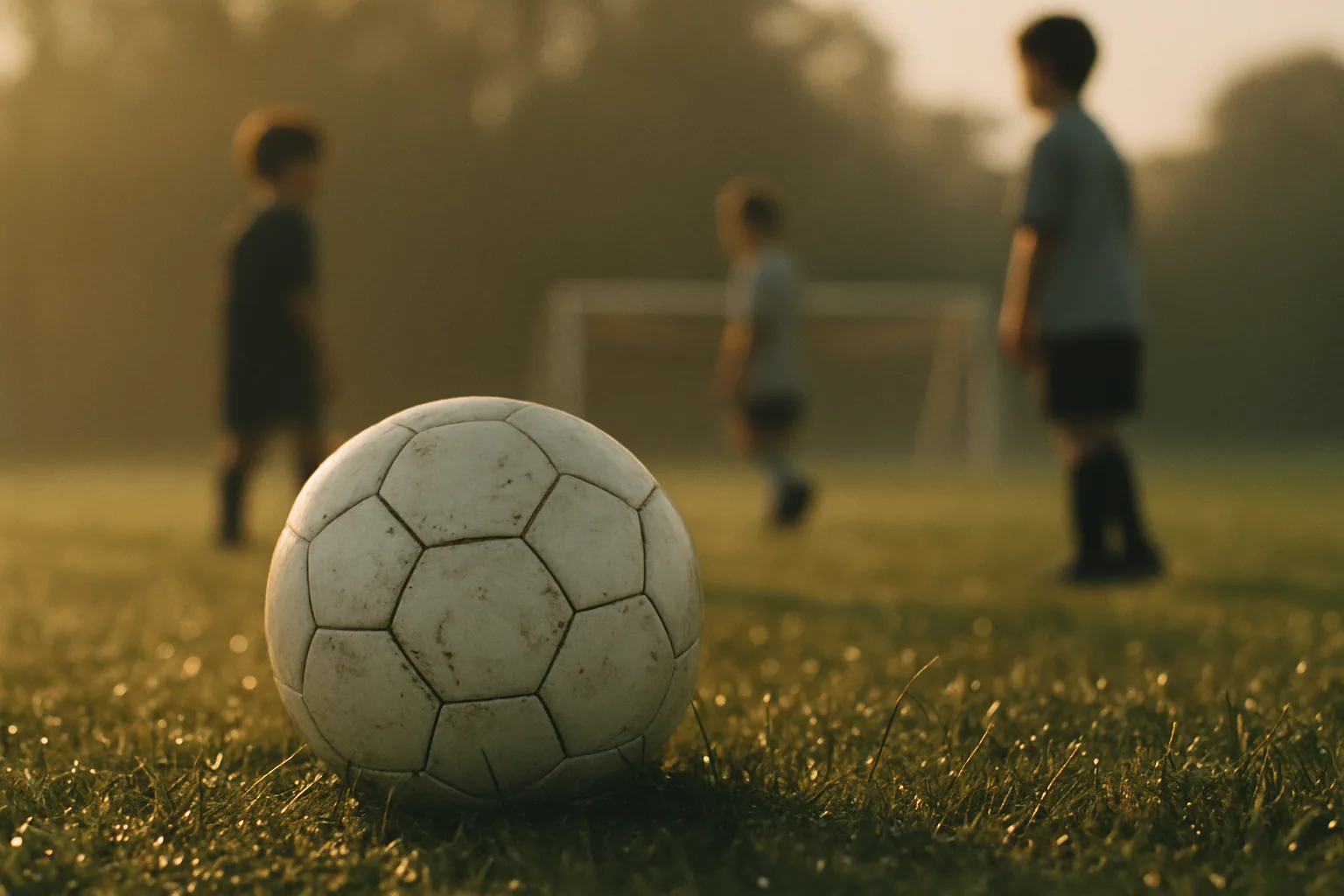 A soccer ball on wet morning grass.