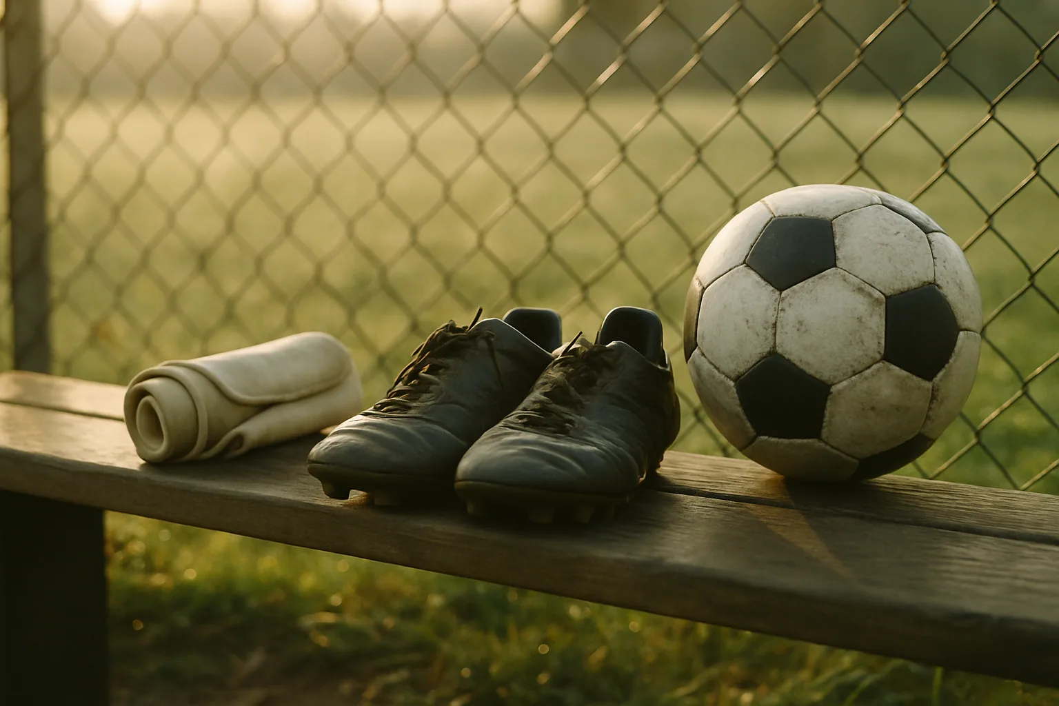 Worn soccer cleats and rolled shin guards sit on a wooden bench beside a ball in morning light through a fence.