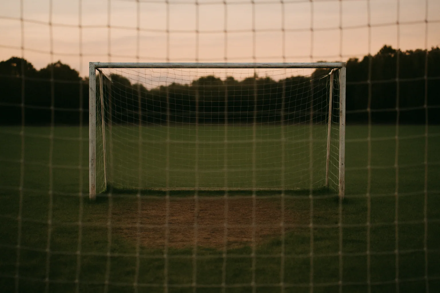 An empty soccer goal is photographed from behind the net at dusk, the grass worn in the goalmouth and the field stretching away.
