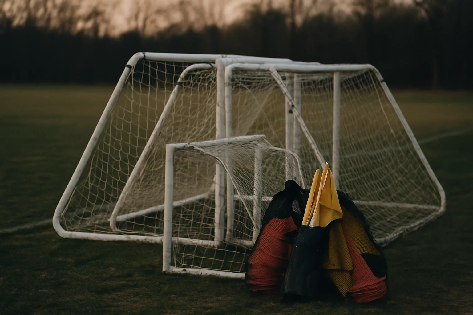 Soccer goals and bags of cones gathered at the edge of a field after a game in dusk light.