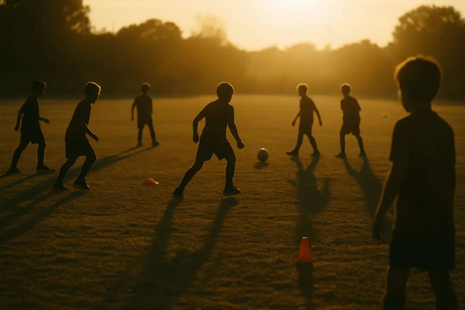 A youth soccer practice is photographed from far behind the touchline at sunset, players reading as warm rim-lit silhouettes with long shadows.