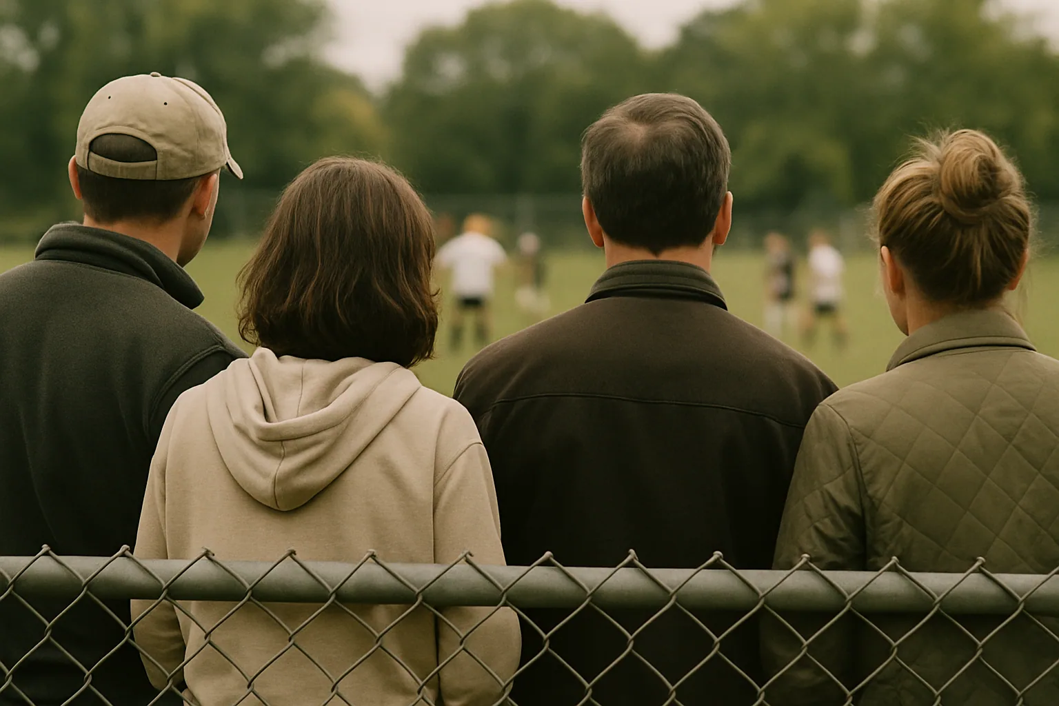 Adults stand along a chain-link fence watching a youth soccer match, seen from behind at hip height under bright overcast light.