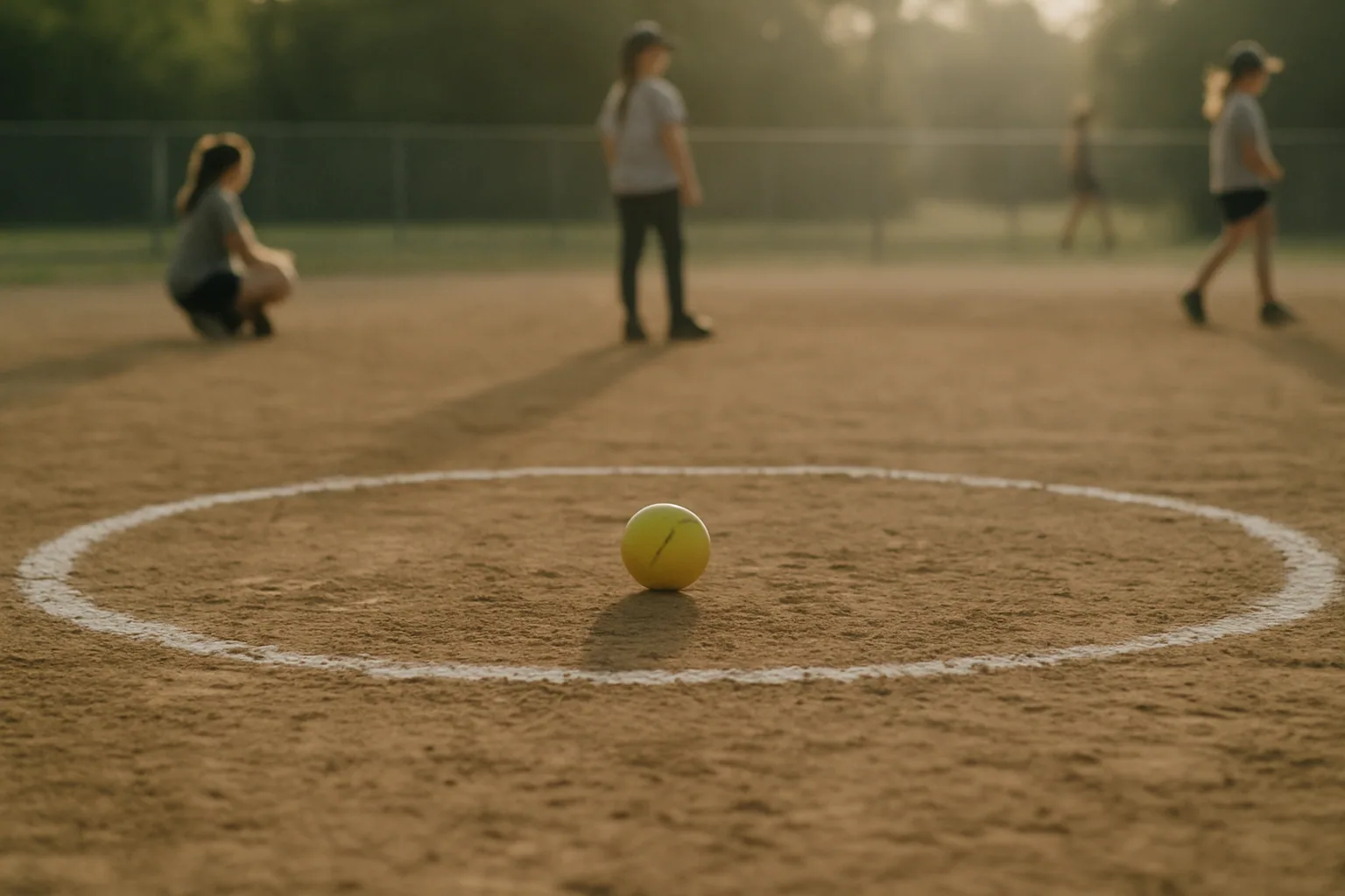 A youth softball field's pitching circle shows fresh chalk in morning light, a plain yellow ball resting in the dirt.